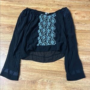BIYA Johnny Was as Black Transparent Fabric Blouse with Blue Embroidery Sz M